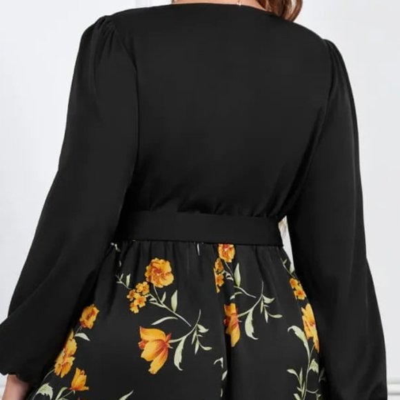 Melo Apparel Plus Size Floral Print Tie Belt V-Neck Balloon Sleeve Midi Dress - Picture 6 of 7